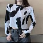 Long-sleeve Round Neck Cow Print Loose Fit Cropped T-shirt