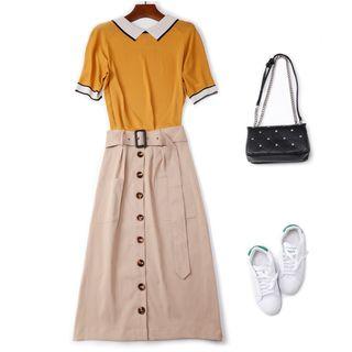 Set: Collared Short-sleeve Knit Top + High Waist A-line Skirt