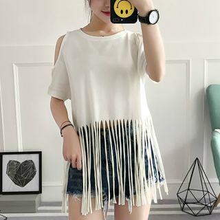 Fringed Cutout Shoulder T-shirt