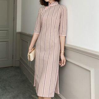 Elbow-sleeve Striped Midi Qipao Dress