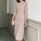 Elbow-sleeve Striped Midi Qipao Dress