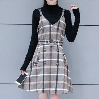 Set: Mock-neck Knit Top + Spaghetti Strap A-line Mini Dress