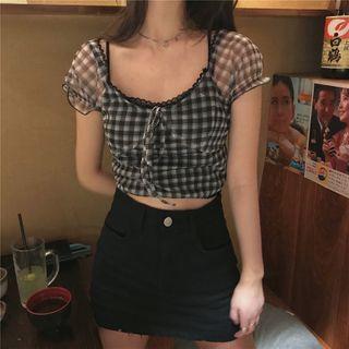 Off-shoulder Plaid Cropped Top Black & White Top - One Size