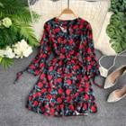 Floral Long-sleeve A-line Dress Red Rose - Black - One Size