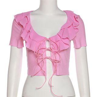 Short-sleeve Tie-front Ribbed Ruffled Crop Top