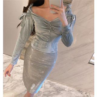 Off-shoulder Long-sleeve Top Grayish Blue - One Size