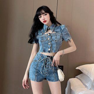 Set: Short-sleeve Cutout Washed Denim Crop Shirt + Lace-up Denim Shorts