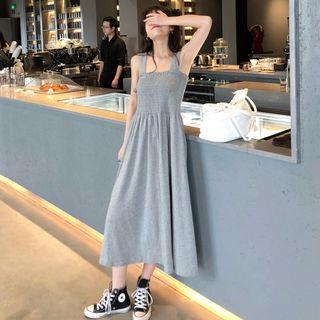 Shirred Sleeveless Midi A-line Dress