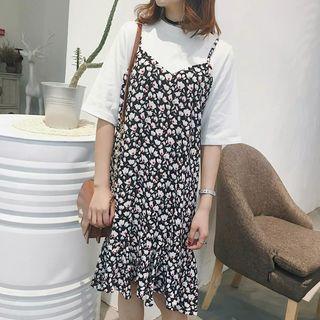 Set: Elbow-sleeve T-shirt + Floral Strappy Dress