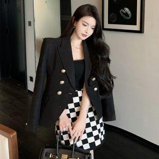 Double-breasted Blazer / Check Mini A-line Skirt / Camisole Top