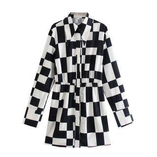 Long-sleeve Checkered Mini Shirt Dress