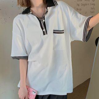 Short-sleeve Striped Trim Polo Shirt Black & White - One Size
