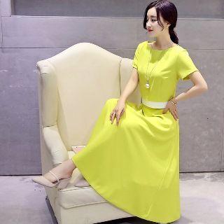 Set: Short-sleeve Contrast-trim Cropped Top + Plain A-line Skirt