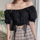 Puff-sleeve Drawstring Ruched Cropped Blouse