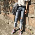 Ripped Color Panel High Waist Jeans