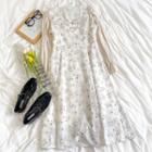 Bell-sleeve Floral Printed Square-neck Midi Dress