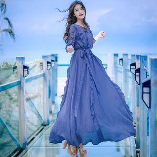 Elbow-sleeve Ruffle Trim Maxi Dress