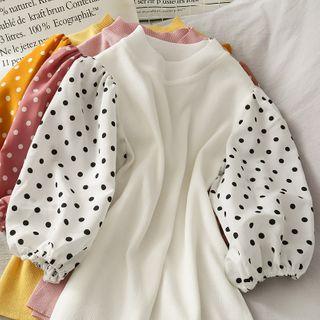 Dotted Chiffon-sleeve Knit Top