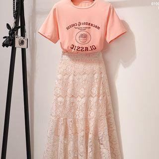 Set: Short-sleeve Print T-shirt + Midi Lace Skirt
