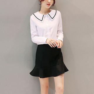Set: Contrast Trim Shirt + Ruffle Skirt