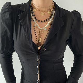 Cross Pendant Faux Pearl Bead Layered Choker Necklace 0783 - Gold - One Size