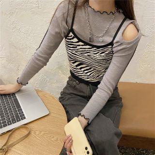 Cutout Long-sleeve Contrast Trim Top / Zebra Pattern Camisole