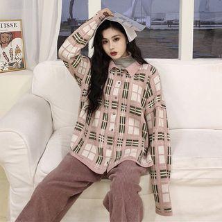 Mock Turtleneck Long-sleeve Top / Plaid Cardigan / Wide Leg Pants