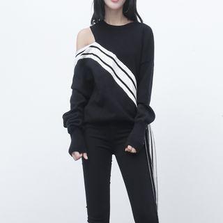 Tie-accent One-shoulder Colorblock Knit Top