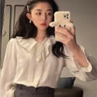 Long-sleeve Tie-neck Frill Trim Faux Pearl Blouse White - One Size
