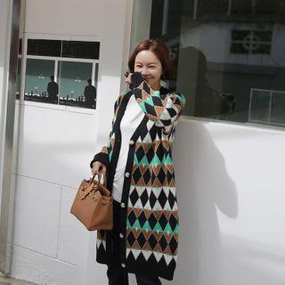 Buttoned Long Argyle Knit Cardigan