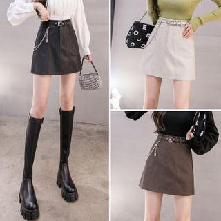 Faux Leather Mini Skirt / Chain / Set