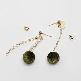 Rhinestone-trim Pompom Drop Earrings