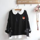 Fox Embroidery Ribbon Sweatshirt / Lace Trim Shirt / Set