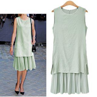 Mock Two Piece Plain Pleated Hem Tank Dress