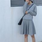 Set: Plain Knit Hooded Sweatshirt + Plain Knit Skirt