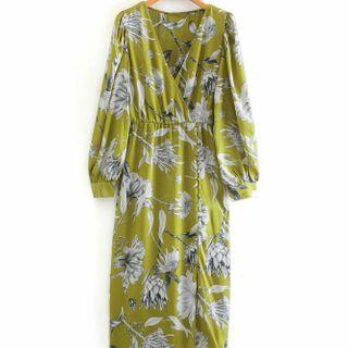 Floral Long-sleeve V-neck Midi Dress