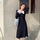 Contrast Collar Knit Midi A-line Dress Blue - One Size