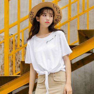Embroidered Tie-hem Short-sleeve T-shirt