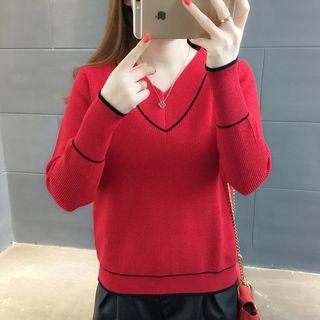 Contrast Trim V-neck Knit Pullover
