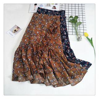 Ruffle Trim Floral Print Midi Skirt