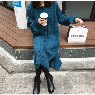 Side-slit Long-sleeve Midi Cable Knit Dress