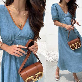 Plunge-neck Long Denim Dress Light Blue - One Size