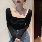 Square-neck Puff-sleeve Shirred T-shirt