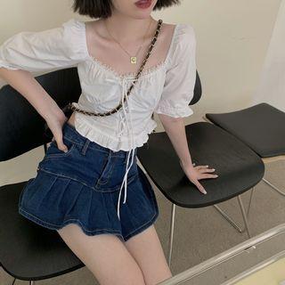 Puff Short-sleeve Ruffled Trim Lace-up Blouse White - One Size
