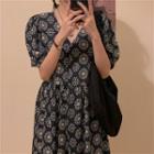 Short-sleeve V-neck Loose Fit Floral Printed Dress As Shown In Figure - One Size
