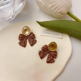 Bow Alloy Dangle Earring 1 Pair - S925 Silver Pin Stud Earrings - Brown & Gold - One Size