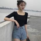 Elbow-sleeve Square Neck Knit Top