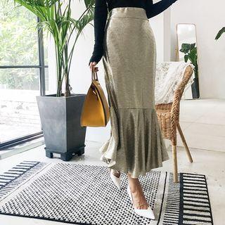 Band-waist Ruffle-hem Metallic Long Skirt