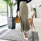 Band-waist Ruffle-hem Metallic Long Skirt