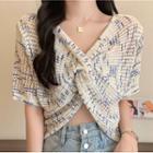 Short-sleeve Striped Knotted Knit Top